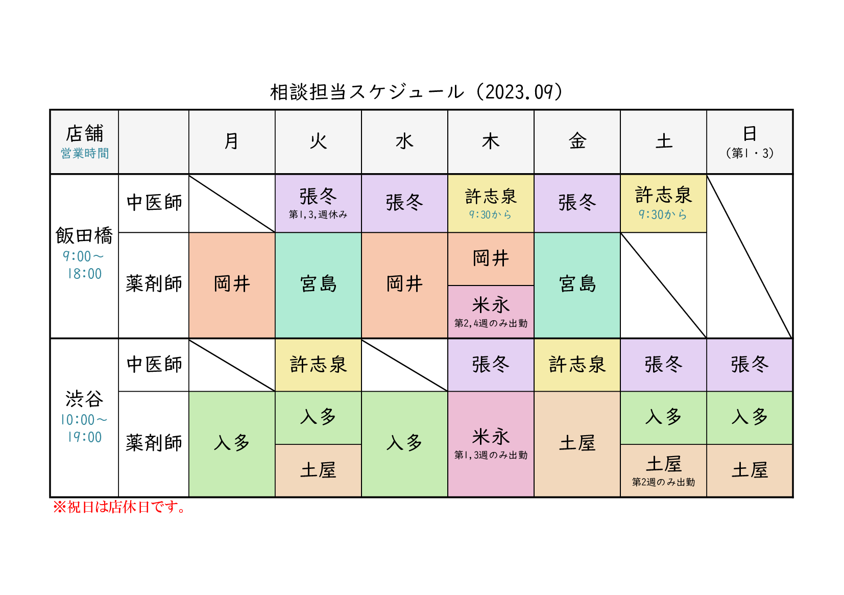相談担当一覧9月