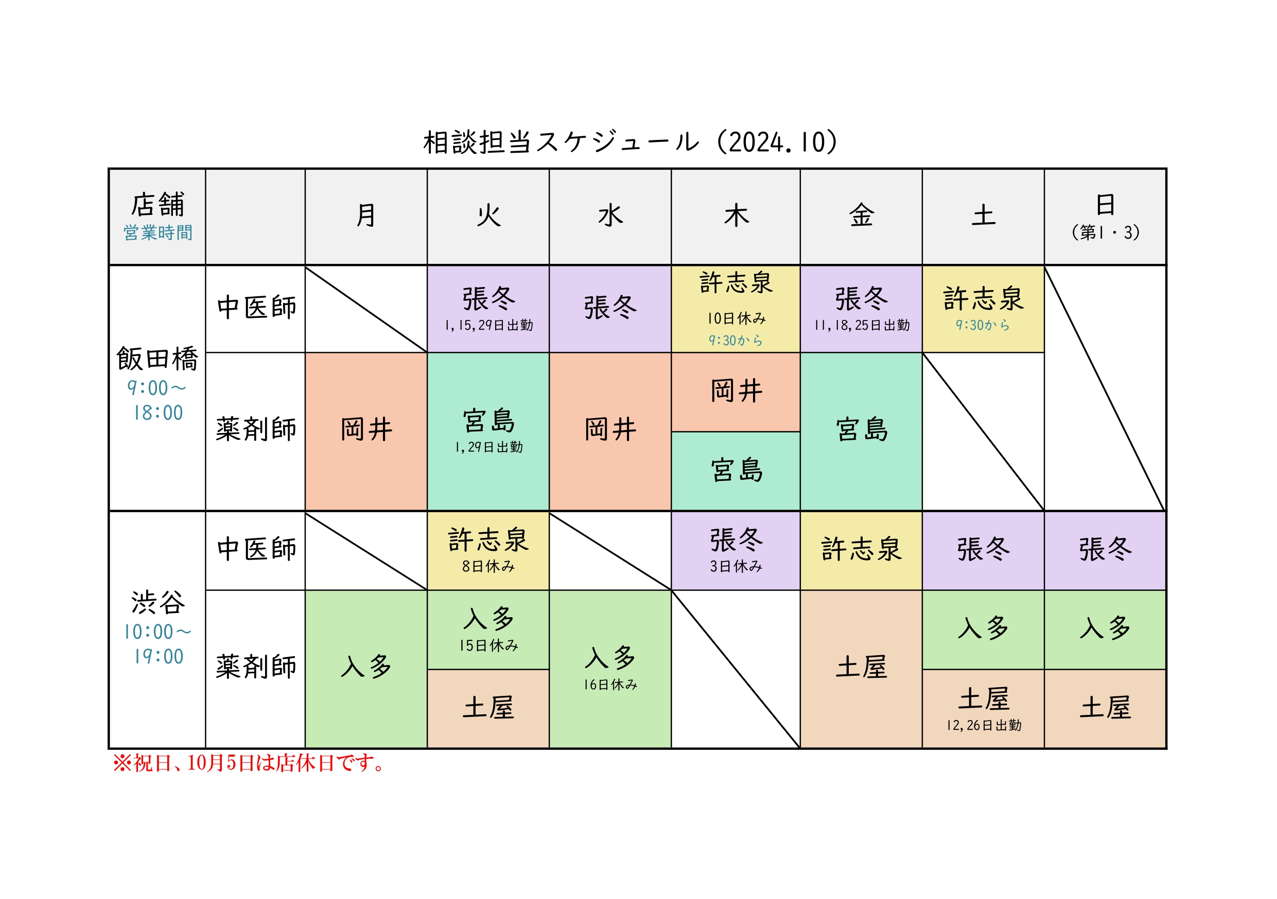 相談担当一覧10月